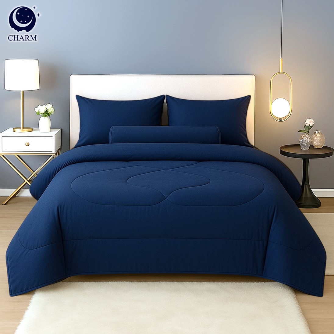 ชุดผ้าปูที่นอน 6 ฟุต 6 ชิ้น CHARM สี NAVY BLUE คอลเลคชั่น CLASSIC_1